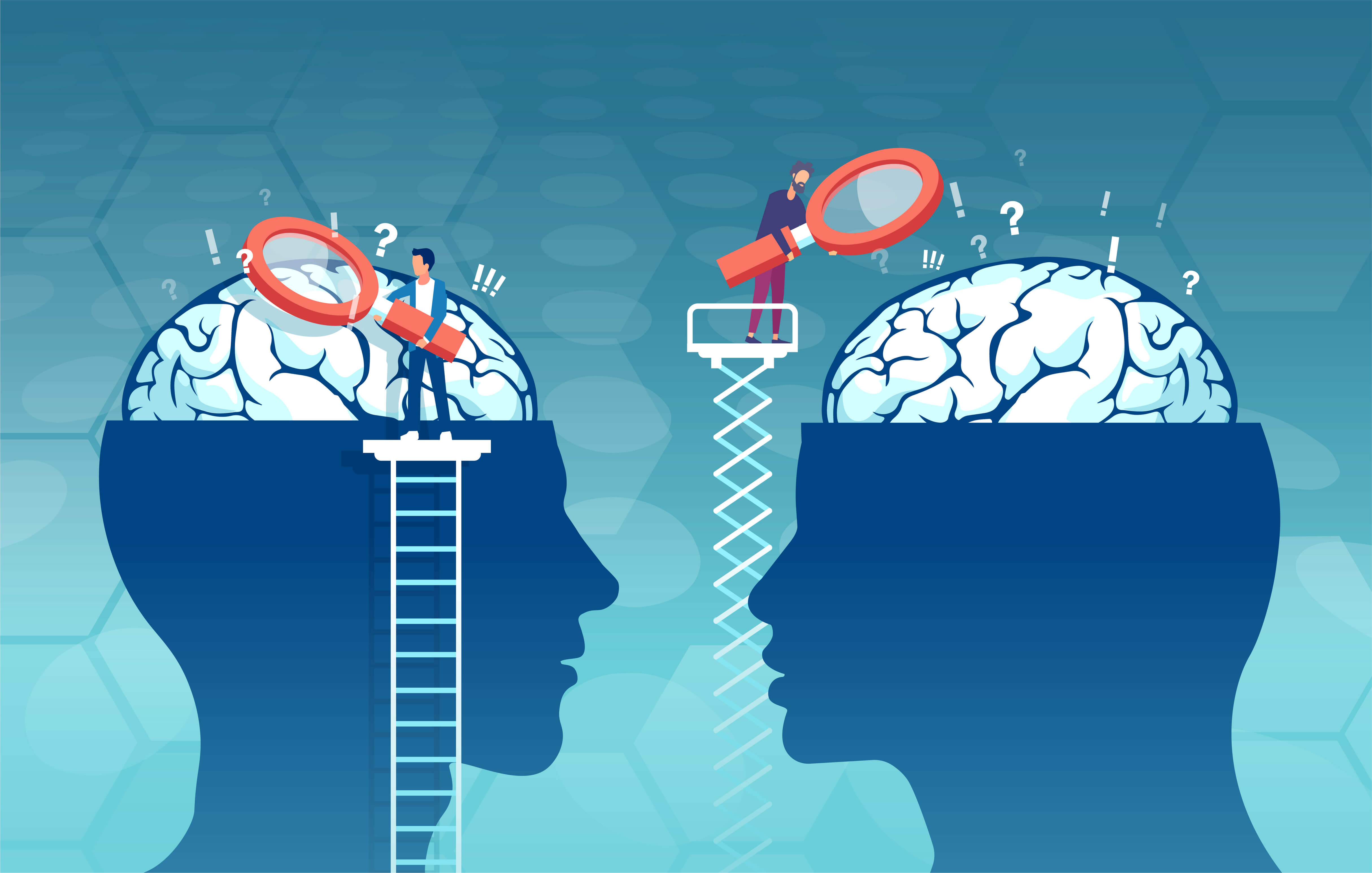 Illustration of two heads being worked on by a tiny workers